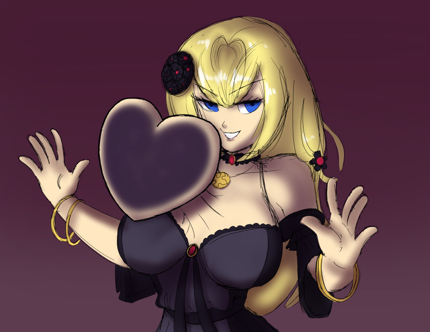 1girl, absurdres, altea_aquila_(jain_no_ikenie), bare_shoulders, black_dress, blonde_hair, blue_eyes, breasts