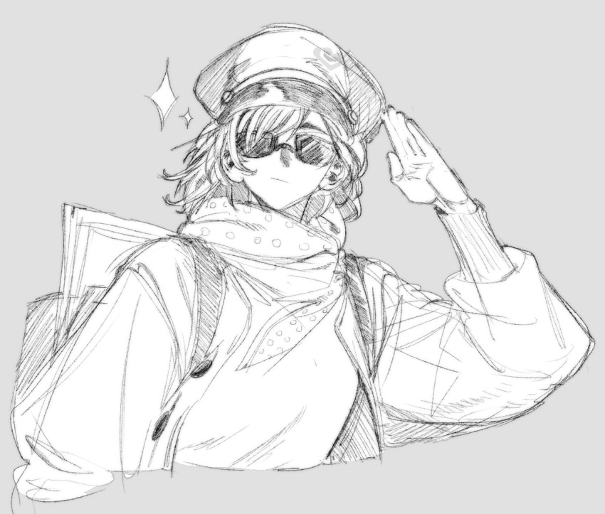 1girl, backpack, bag, buttons, newsboy_cap, chinese_commentary, closed_mouth, greyscale, hat, jacket, long_sleeves, looking_at_viewer, medium_hair, monochrome, neckerchief, open_clothes, open_jacket, paper, regulus_(reverse:1999), reverse:1999, salute, simple_background, solo, soulmatedied, sparkle, sunglasses, upper_body