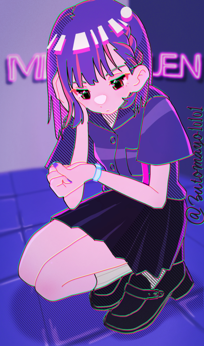 1girl, black_shoes, black_skirt, chromatic_aberration, colored_inner_hair, fingernails, highres, looking_down