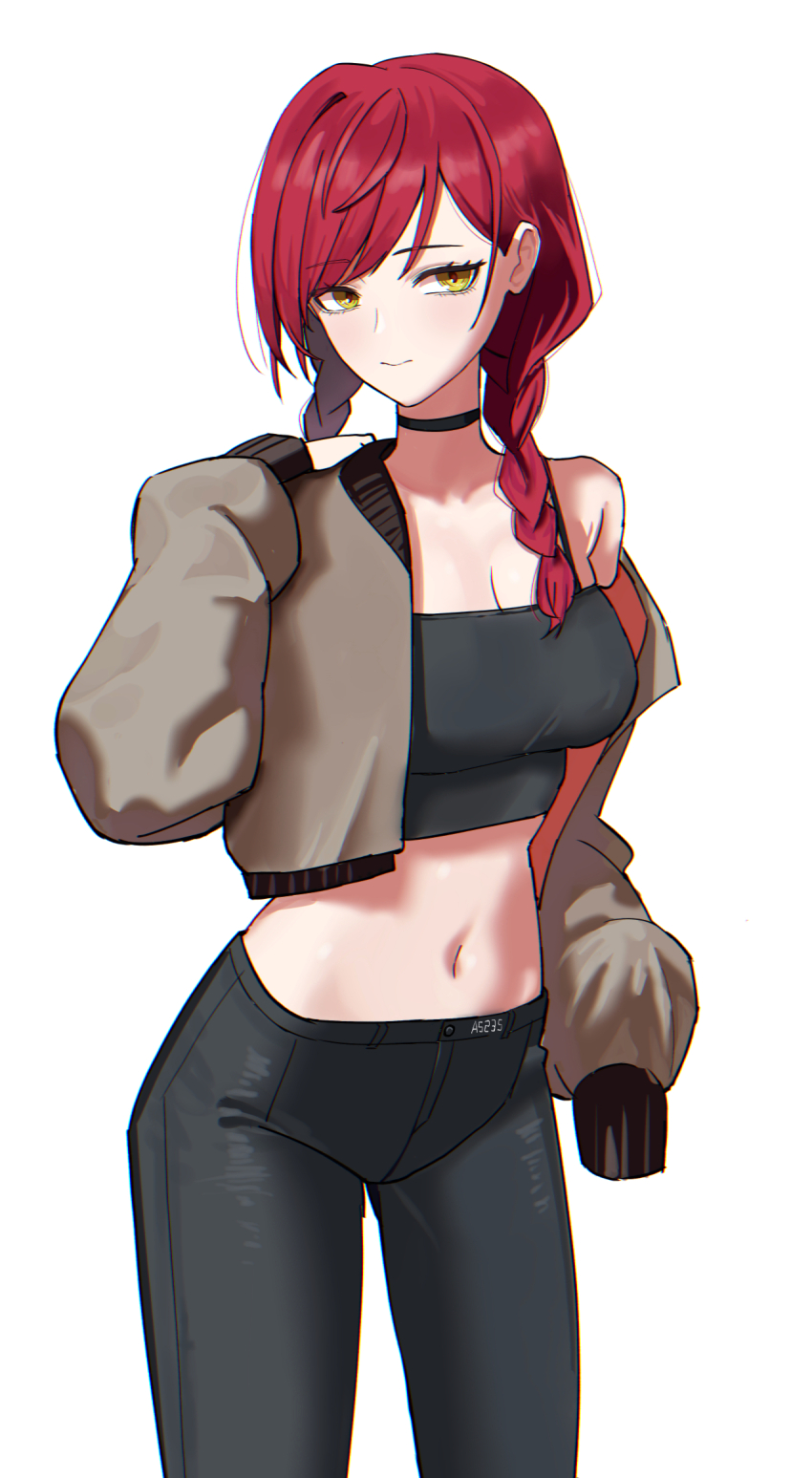 1girl, a5235, black_choker, black_pants, black_tube_top, braid, breasts, brown_jacket