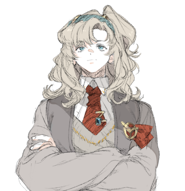 1girl, blue_eyes, blue_hairband, chinese_commentary, closed_mouth, collared_shirt, crossed_arms, grey_hair