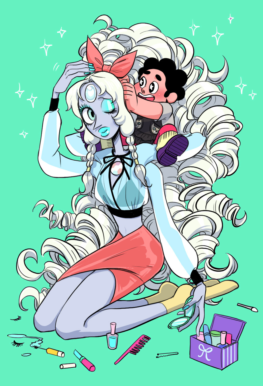 1boy, 1girl, aqua_eyeshadow, aqua_lips, crop_top, curly_hair, extra_arms, eyeshadow, highres, junkmix_(c2ndy2c1d), long_hair, looking_at_another, makeup, opal_(steven_universe), see-through_clothes, see-through_sleeves, sitting, skirt, steven_quartz_universe, steven_universe, very_long_hair