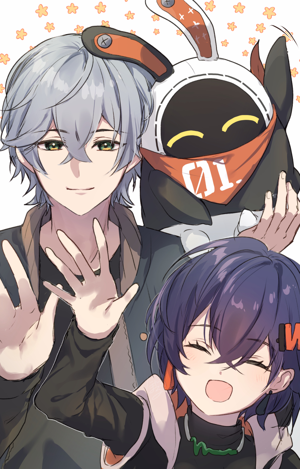 1boy, 1girl, 1other, bangboo_(zenless_zone_zero), belle_(zenless_zone_zero), black_jacket, black_shirt, blue_hair