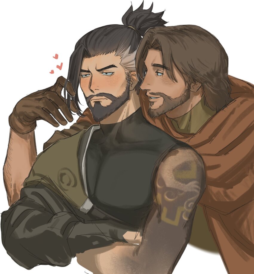 2boys, annoyed, arm_tattoo, arm_up, asymmetrical_sleeves, beard, black_hair, blush