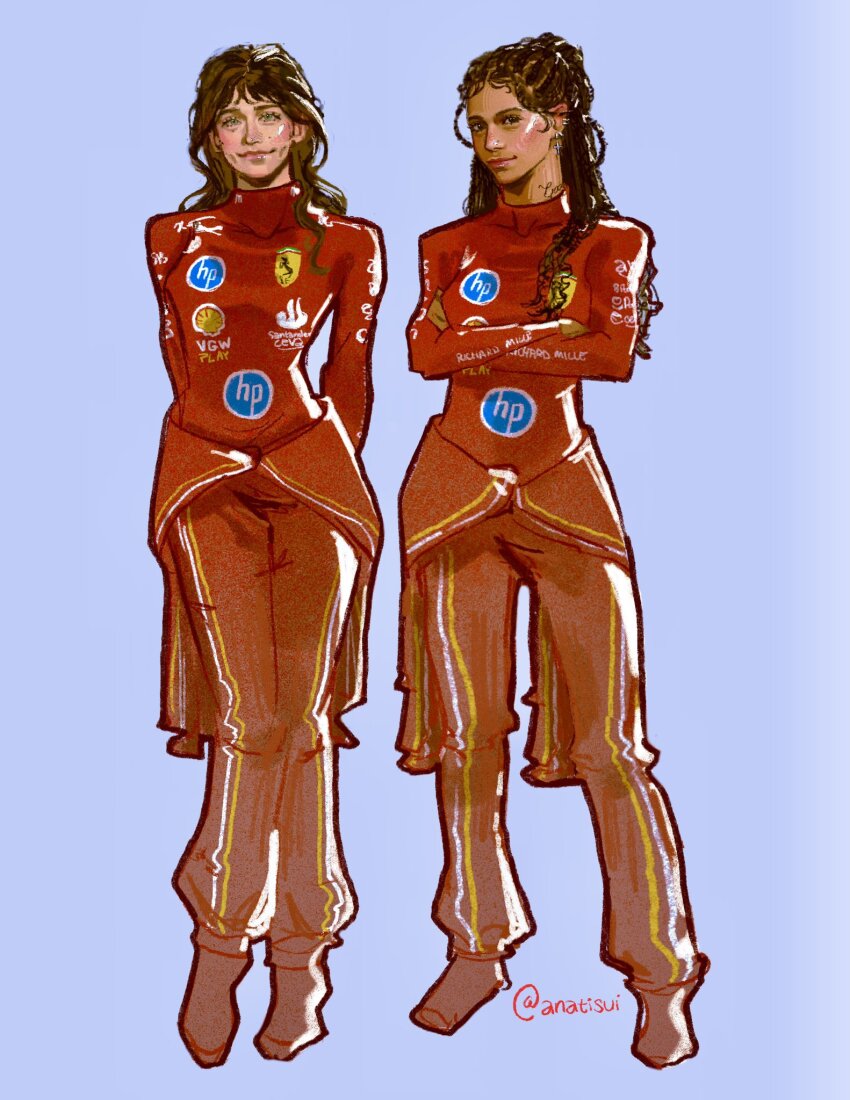 2girls, blue_background, blue_eyes, blush, brown_eyes, charles_leclerc, cornrows, cross