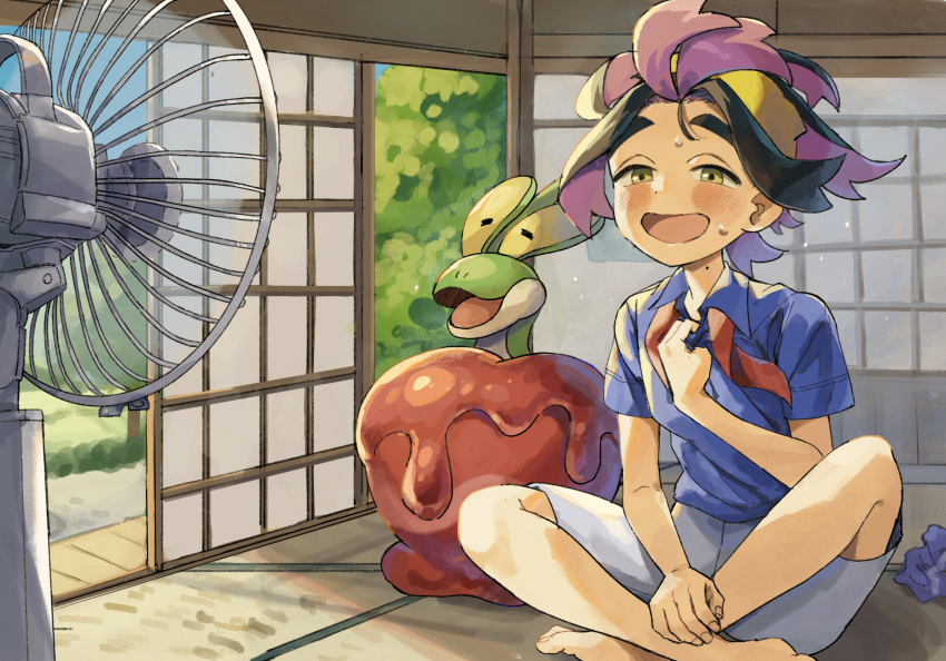 1boy, apple, barefoot, black_hair, blue_shirt, blueberry_academy_school_uniform, blush, candy_apple