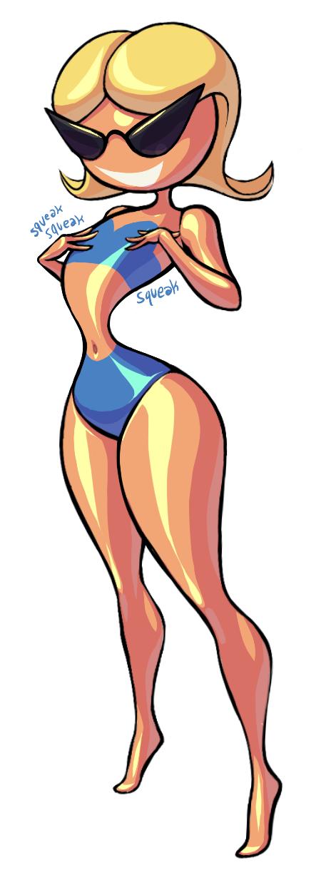 1girl, barefoot, bikini, blue_bikini, disney, doll, doll_joints, flat_chest, grin, highres, joints, knick_knack, looking_down, narrow_waist, navel, noonun, pixar, plastic_skin, smile, standing, strapless, strapless_bikini, sunglasses, sunny_miami, swimsuit, teeth, thick_thighs, thighs, transparent_background, tube_top