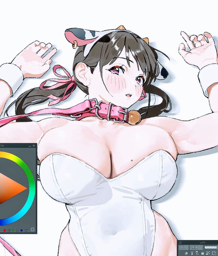 1girl, animal_collar, animal_ears, art_program_in_frame, bell, blush, breasts, brown_hair