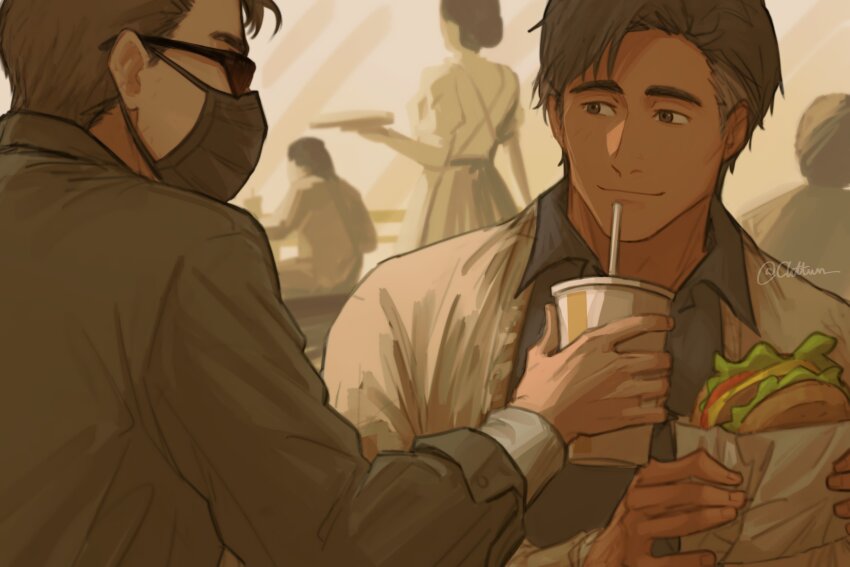 2boys, black_jacket, blue_shirt, brown_eyes, brown_hair, burger, chttwn, closed_mouth