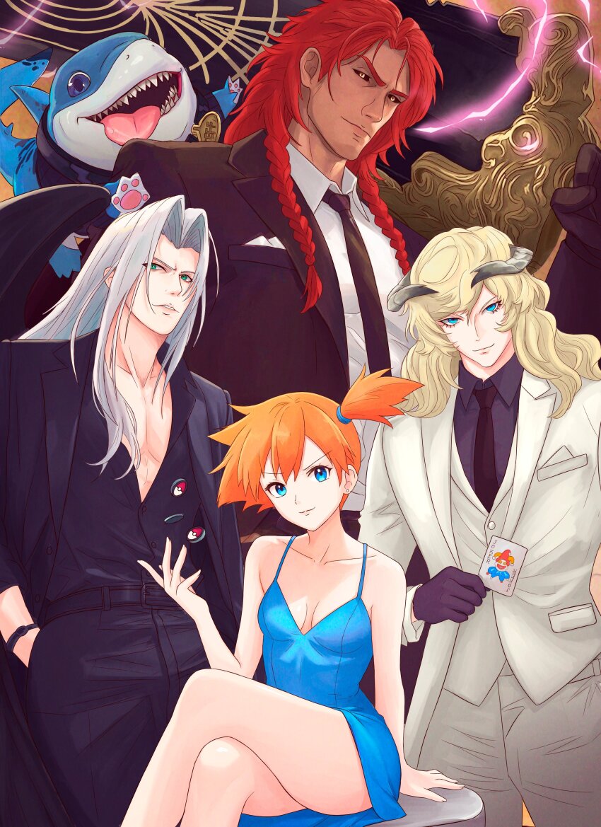 1girl, 3boys, absurdres, asymmetrical_hair, bare_shoulders, black_gloves, black_jacket, black_necktie