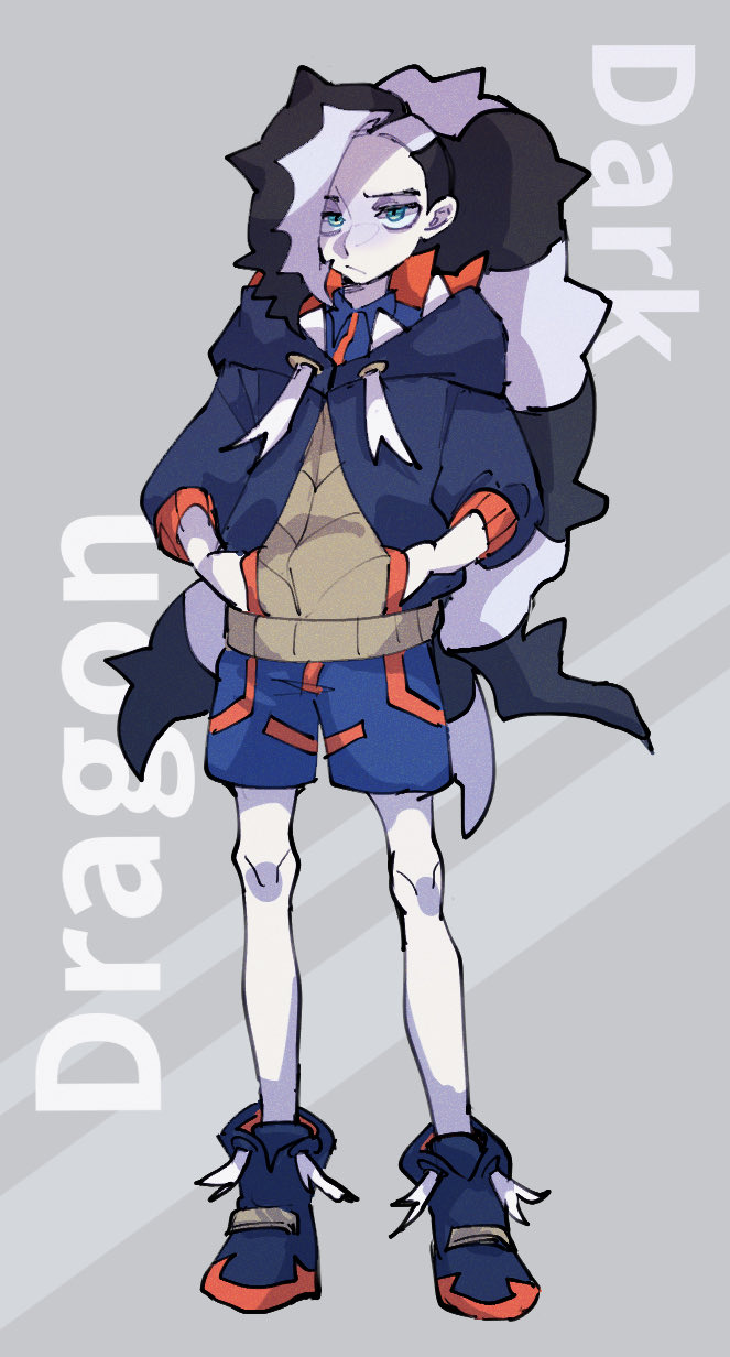 1boy, black_hair, black_hoodie, blue_footwear, blue_shirt, blue_shorts, closed_mouth, collared_shirt