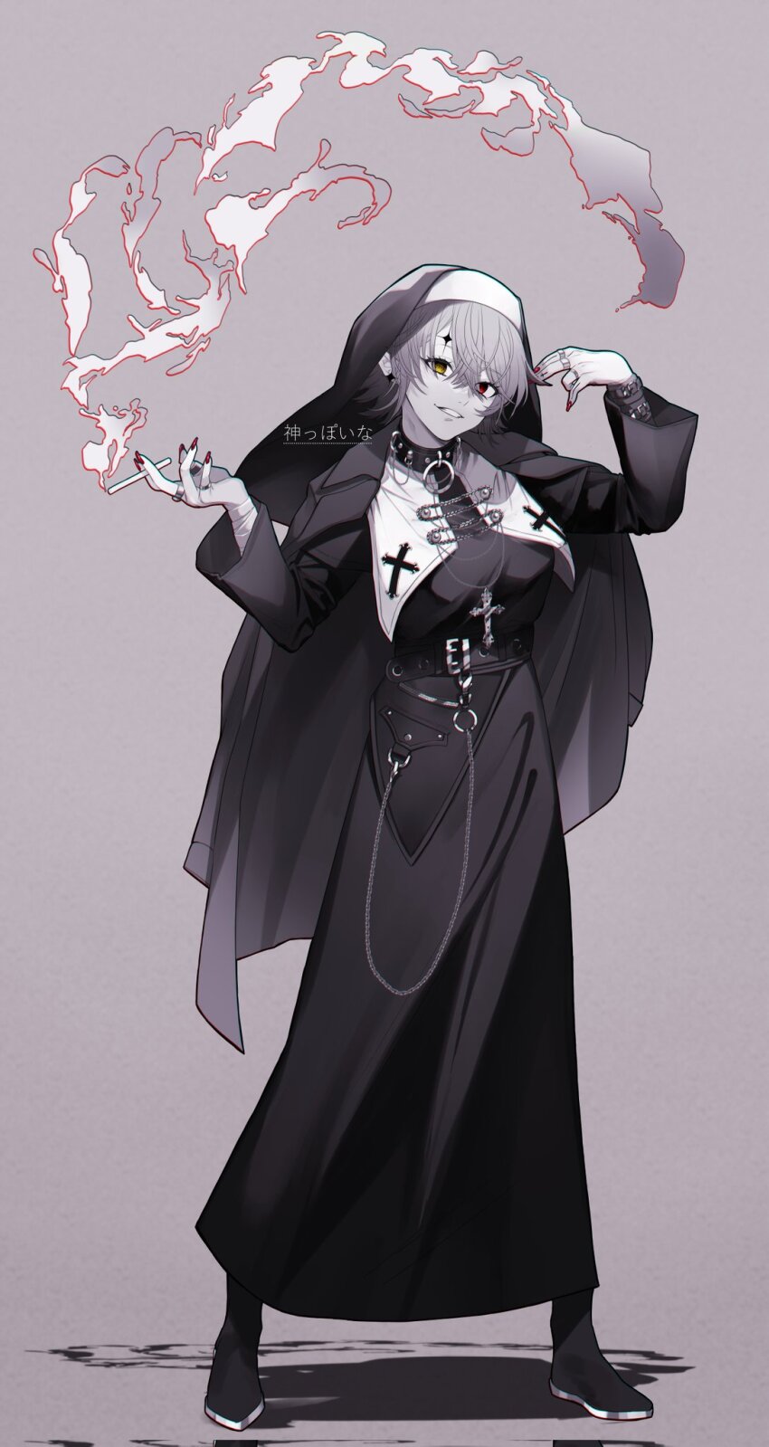 1girl, bandaged_arm, bandages, belt, black_belt, black_collar, black_dress, black_footwear