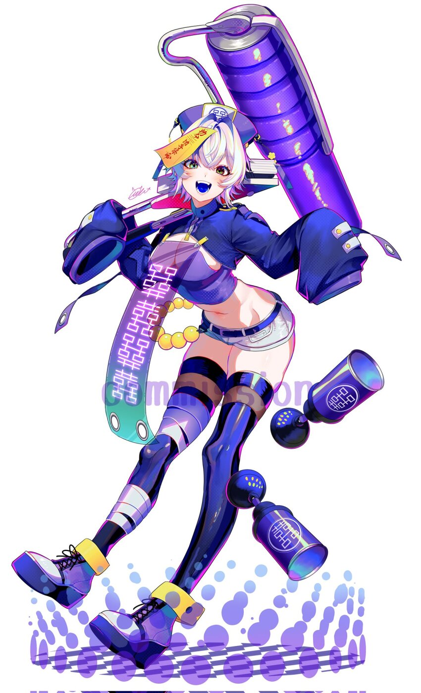 1girl, asymmetrical_legwear, breasts, cleavage, cropped_jacket, full_body, green_eyes, hat