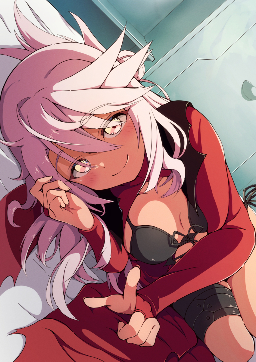 1girl, black_bra, blush, bra, breasts, bridal_gauntlets, cape, chloe_von_einzbern