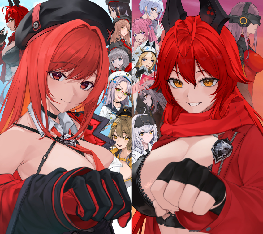 6+girls, absolute_(nikke), absurdres, ahoge, anis_(nikke), antenna_hair, armored_bodysuit, armpit_crease, bare_shoulders, beret, between_breasts, black_bodysuit, black_choker, black_gloves, black_hair, black_hat, black_jacket, black_robe, black_shirt, black_skirt, blonde_hair, blue_background, blue_eyes, blue_sailor_collar, bodystocking, bodysuit, book, braid, breasts, bridal_gauntlets, brown_bodysuit, brown_eyes, brown_hair, cat_hair_ornament, choker, cleavage, cloak, closed_mouth, commentary_request, counters_(nikke), cropped_jacket, cross, cross_facial_mark, detached_collar, detached_sleeves, dorothy_(nikke), dress, earrings, emma_(nikke), eunhwa_(nikke), facial_mark, fingerless_gloves, flower, flower-shaped_hair, frilled_dress, frills, glasses, gloves, goddess_(nikke), goddess_of_victory:_nikke, green_eyes, grey_hair, grin, habit, hair_between_eyes, hair_bun, hair_flaps, hair_intakes, hair_ornament, hat, head-mounted_display, heart, heart-shaped_pupils, highres, holding, holding_book, holding_flower, hood, horns, incoming_fist_bump, jacket, jewelry, large_breasts, leather, leather_jacket, liliweiss_(nikke), lily_(flower), long_hair, long_sleeves, looking_at_viewer, mass-produced_nikke, mechanical_horns, medium_hair, military_uniform, multicolored_hair, multiple_girls, nagato_tsumugu, necktie, neon_(nikke), nun_headdress, off_shoulder, official_alternate_costume, official_alternate_hair_color, open_mouth, over-rim_eyewear, pink_hair, pornography, purple_eyes, purple_hair, purple_ribbon, rapi_(mass_produced)_(nikke), rapi_(nikke), rapi_(red_hood)_(nikke), rapunzel_(nikke), rapunzel_(pure_grace)_(nikke), red_background, red_bodysuit, red_eyes, red_gloves, red_hair, red_hood_(nikke), red_jacket, red_necktie, red_scarf, ribbon, robe, sailor_collar, sailor_shirt, saliva, scarf, scarlet_(black_shadow)_(nikke), scarlet_(nikke), semi-rimless_eyewear, shirt, short_hair, sidelocks, single_bare_shoulder, single_side_bun, skirt, smile, snow_white_(innocent_days)_(nikke), snow_white_(nikke), standing, star-shaped_pupils, star_(symbol), star_earrings, strap_between_breasts, swept_bangs, symbol-shaped_pupils, teeth, two-tone_gloves, two-tone_hair, unzipped, upper_body, upper_teeth_only, very_long_hair, vesti_(nikke), white_cloak, white_dress, white_gloves, white_hair, white_shirt, yellow_eyes, zipper