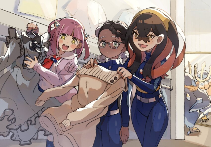 3girls, amarys_(pokemon), arched_bangs, baby_animal, bird, black_hair, blue_jacket, blueberry_academy_school_uniform