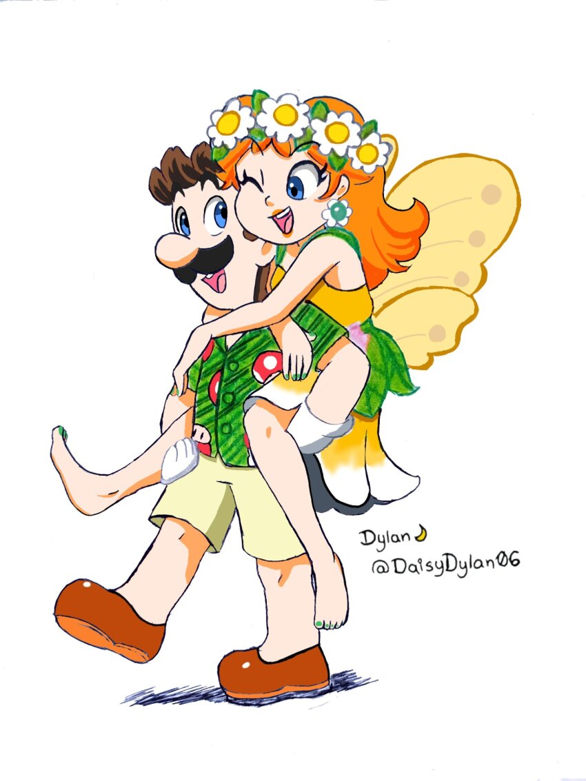 1boy, 1girl, arms_around_neck, artist_name, barefoot, blue_eyes, brown_footwear, brown_hair