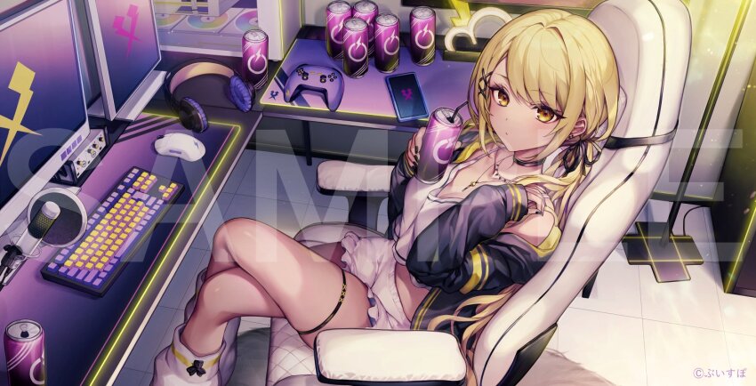 1girl, alternate_costume, blonde_hair, can, cellphone, chair, choker, commentary_request, company_name, computer_keyboard, computer_mouse, controller, copyright_notice, cpu, crossed_legs, dark-skinned_female, dark_skin, desk, deskmat, drink_can, drinking_straw, frilled_shorts, frills, from_above, game_controller, gaming_chair, gyaru, hair_ornament, hair_ribbon, headphones, holding, holding_can, indoors, jacket, jewelry, kaminari_qpi, komeshiro_kasu, leg_warmers, long_hair, long_sleeves, looking_at_viewer, low_twintails, microphone, midriff, monitor, necklace, official_art, on_chair, open_clothes, open_jacket, phone, ribbon, sample_watermark, shorts, sitting, sleepwear, sleeves_past_wrists, smartphone, solo, studio_microphone, swivel_chair, tan, tank_top, thighlet, twintails, unworn_headphones, virtual_youtuber, vspo!, watermark, x_hair_ornament, yellow_eyes
