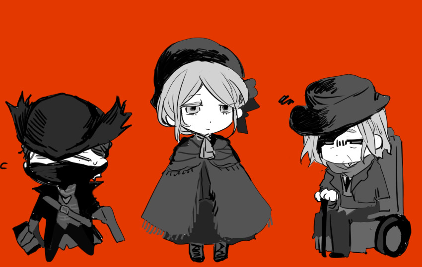 1girl, 2boys, ascot, belt_buckle, bloodborne, bonnet, boots, bow