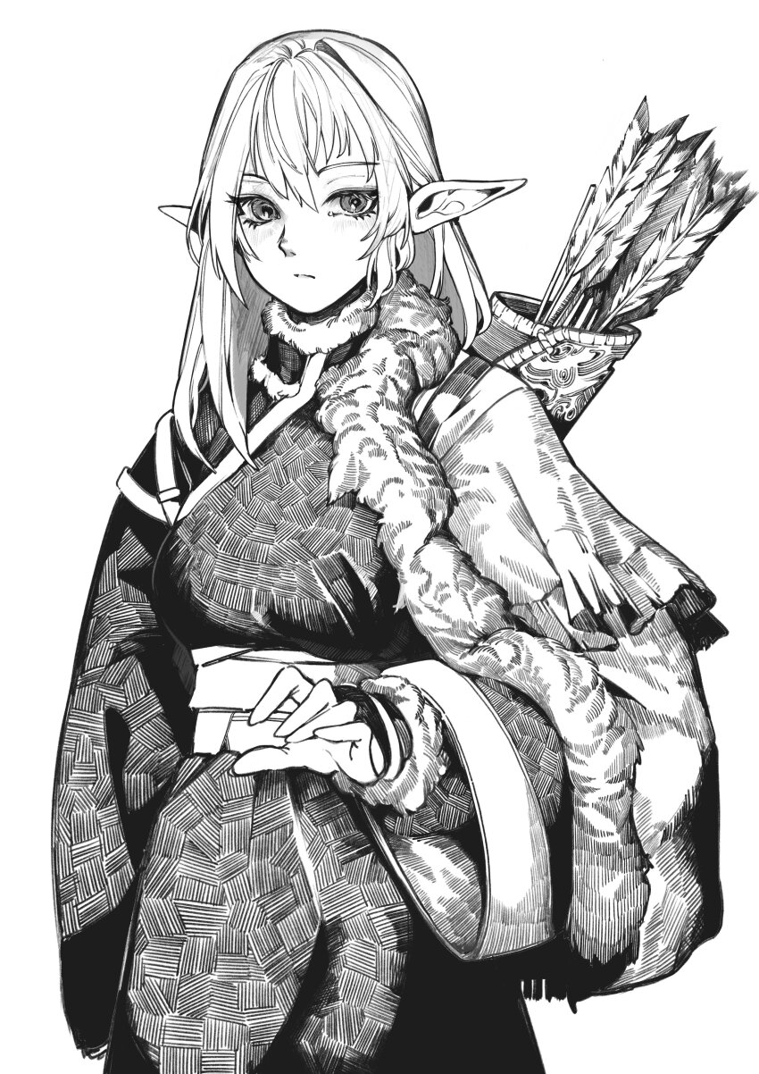 1girl, absurdres, arrow_(projectile), cloak, elf, fur_trim, highres, long_hair