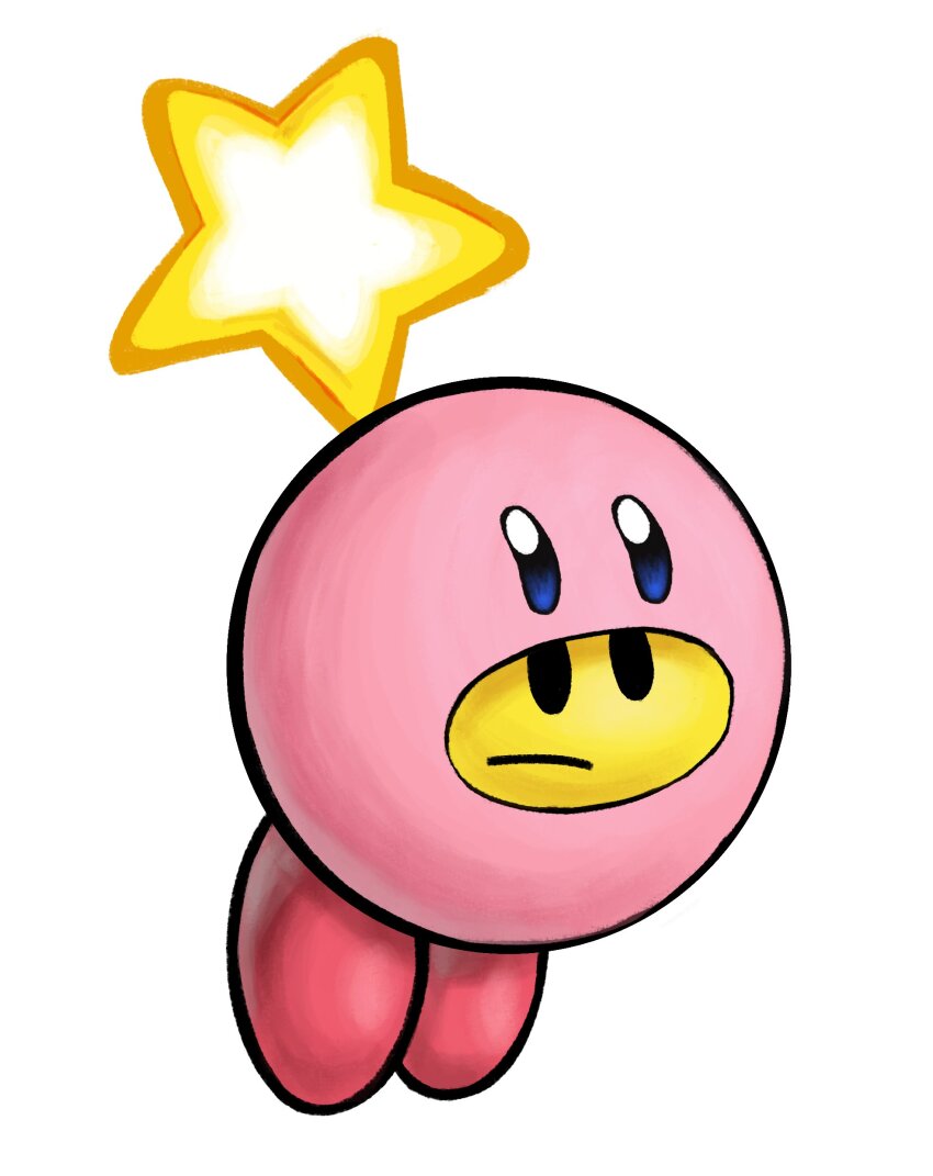1girl, absurdres, cado_(cadoart), colored_skin, crossover, highres, kirby, kirby_(series), kirby_and_the_forgotten_land, mario_&amp;_luigi_rpg, mario_(series), mouthful_mode, nintendo, no_humans, pink_skin, simple_background, star_(symbol), starlow, white_background, yellow_skin