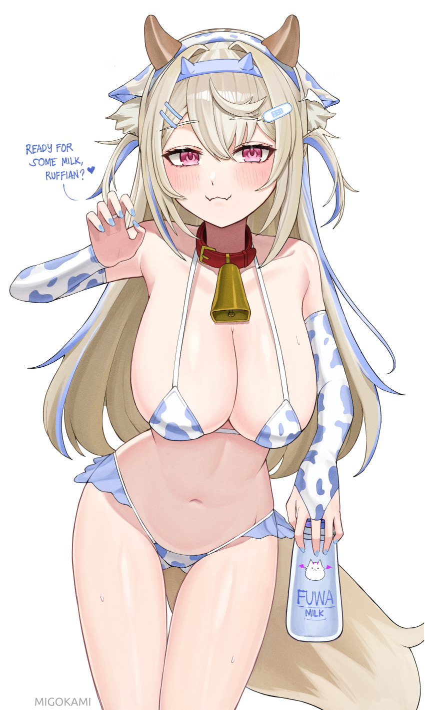1girl, :3, absurdres, animal_ear_fluff, animal_ears, animal_print, bikini, blonde_hair