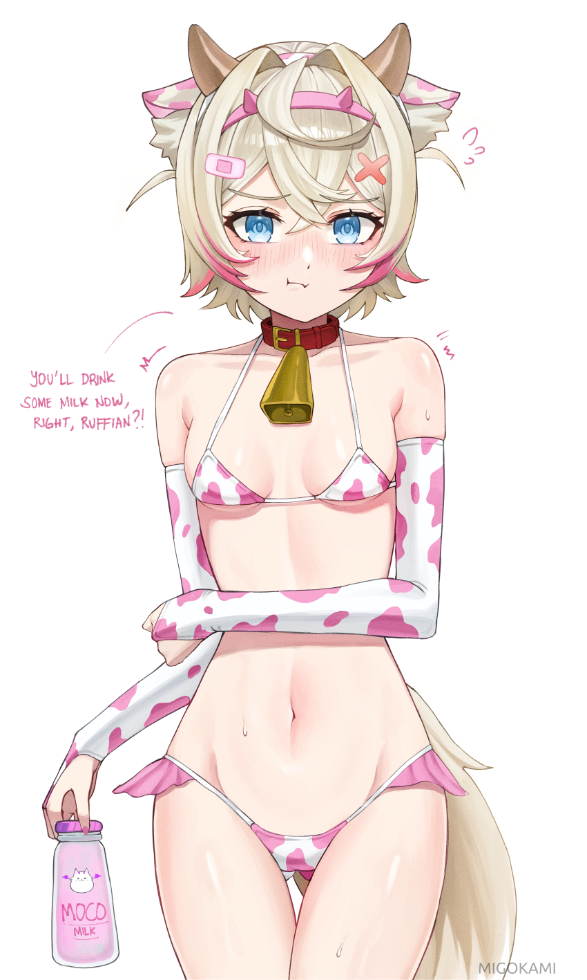 1girl, absurdres, animal_ear_fluff, animal_ears, animal_print, bandaid, bandaid_hair_ornament, bell, bikini, blue_eyes, bottle, breasts, bridal_gauntlets, collar, commentary, cow_ears, cow_print, cow_print_bikini, cow_print_gloves, cowbell, dog_ears, dog_girl, dog_tail, elbow_gloves, english_commentary, english_text, fake_animal_ears, gloves, gluteal_fold, hair_ornament, hairband, highres, holding, holding_bottle, hololive, hololive_english, migokami, milk_bottle, mococo_abyssgard, multicolored_bikini, pink_bikini, pink_hairband, pout, print_bikini, print_gloves, red_collar, small_breasts, solo, spiked_hairband, spikes, standing, swimsuit, tail, thigh_gap, thighs, two-tone_bikini, virtual_youtuber, white_bikini, x_hair_ornament