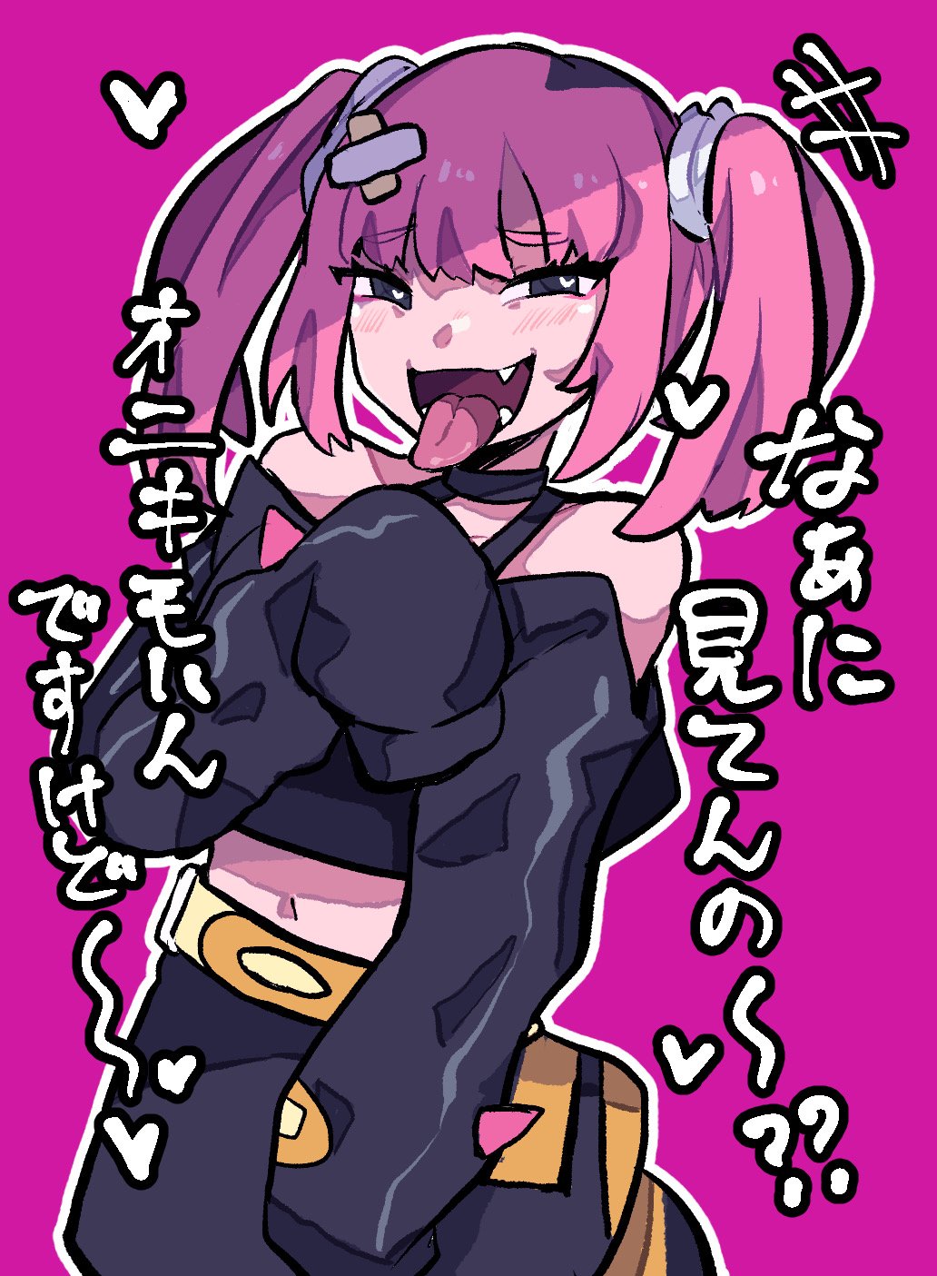 1girl, :d, bandaid, bandaid_hair_ornament, bandaid_on_head, bare_shoulders, belt, black_shirt, black_skirt, blunt_bangs, coral_(pokemon), fang, grey_eyes, hair_ornament, heart, heart_in_eye, highres, looking_at_viewer, navel, nintendo, off-shoulder_shirt, off_shoulder, open_mouth, pink_background, pink_hair, pokemon, pokemon_(anime), pokemon_horizons, shiba_dzuke, shirt, simple_background, skirt, sleeves_past_fingers, sleeves_past_wrists, smile, solo, standing, symbol_in_eye, tongue, tongue_out, twintails, yellow_belt