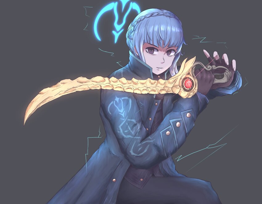 1girl, absurdres, black_pants, blue_coat, blue_hair, blutgang_(fire_emblem), braid, brown_eyes, brown_gloves, coat, cosplay, crest_of_the_beast, crown_braid, devil_may_cry, devil_may_cry_(series), devil_may_cry_3, fingerless_gloves, fire_emblem, fire_emblem:_three_houses, gloves, grey_background, highres, holding, holding_sword, holding_weapon, marianne_von_edmund, nintendo, nkmorker, pants, sword, vergil_(devil_may_cry), vergil_(devil_may_cry)_(cosplay), weapon