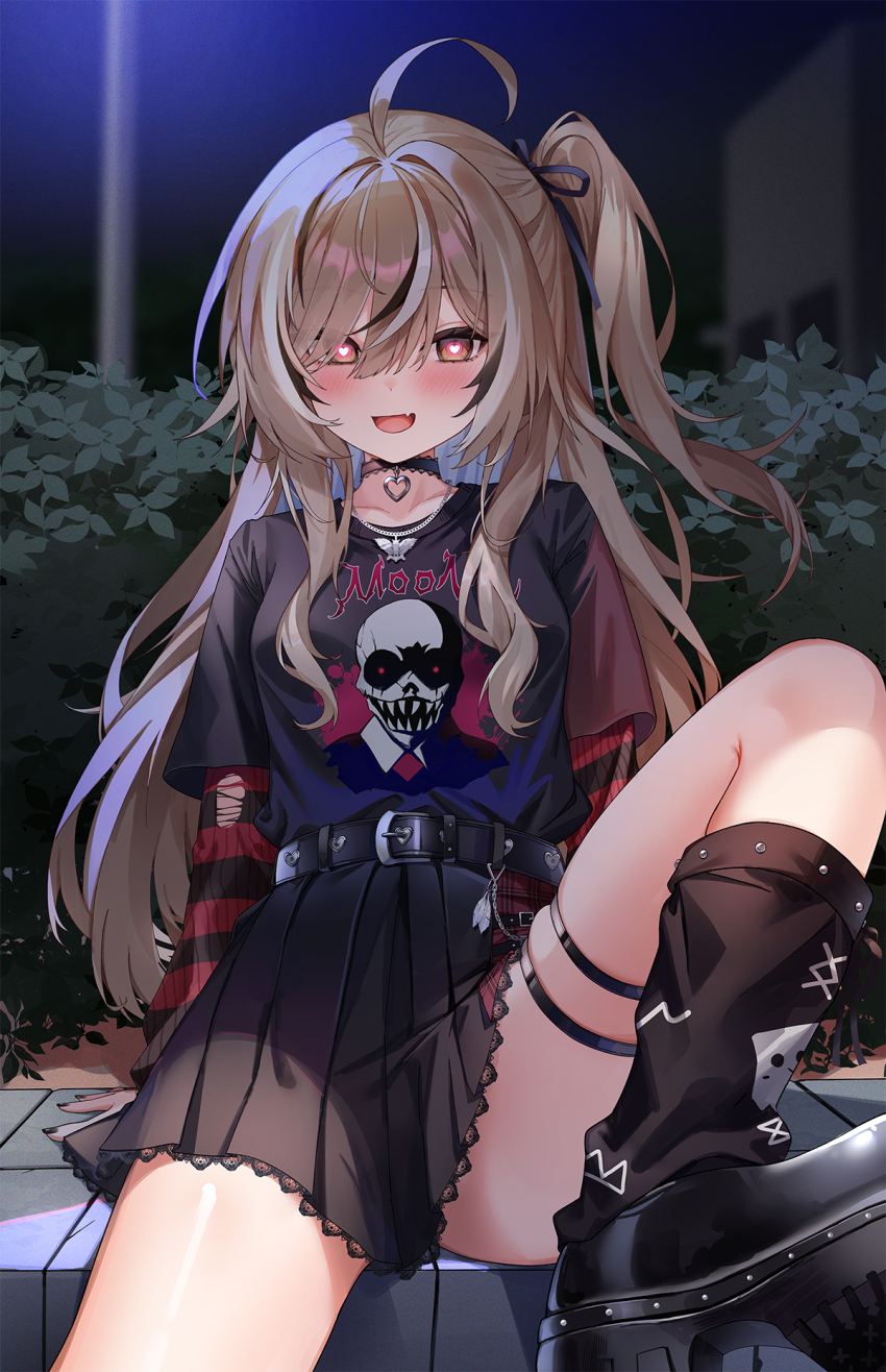 1girl, :d, ahoge, black_boots, black_choker, black_leg_warmers, black_shirt, black_skirt