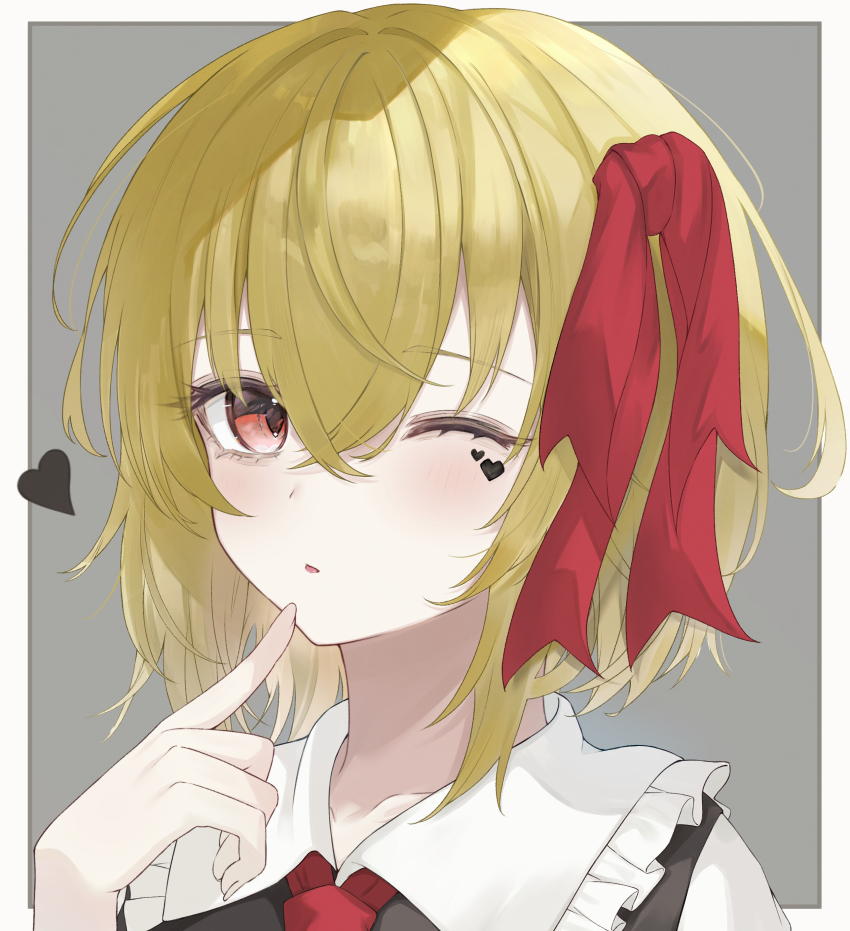 1girl, absurdres, black_vest, blonde_hair, blush, border, eyelashes, facial_mark, finger_to_mouth, frilled_shirt_collar, frills, grey_background, hair_between_eyes, hair_ribbon, heart, heart_facial_mark, highres, looking_at_viewer, nemuri_namida_rua, one_eye_closed, parted_lips, portrait, red_eyes, red_ribbon, ribbon, rumia, shirt, short_hair, simple_background, solo, tongue, touhou, vest, white_border, white_shirt