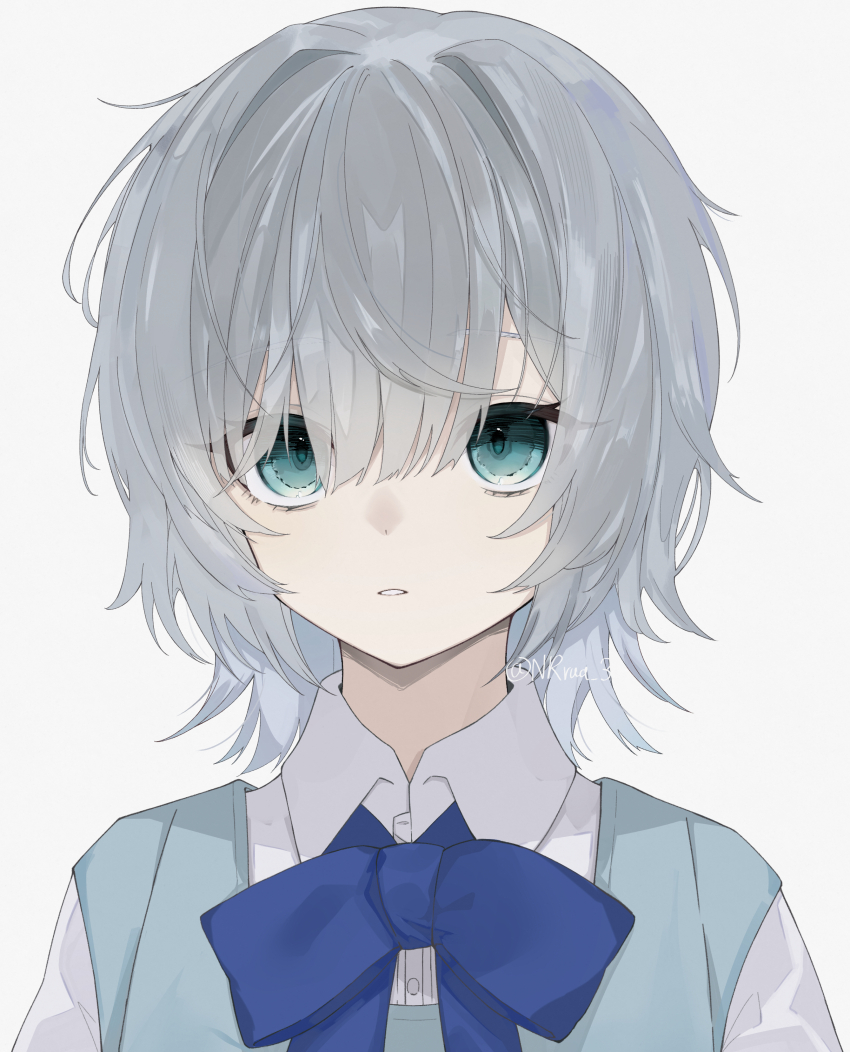 1girl, absurdres, aqua_eyes, aqua_vest, blue_bow, blue_bowtie, bow, bowtie