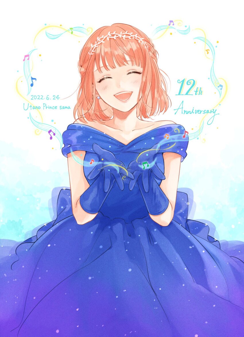 1girl, :d, ^_^, anniversary, back_bow, bare_shoulders, blue_bow, blue_dress, blue_gloves, bob_cut, bow, braid, choppy_bangs, closed_eyes, collarbone, copyright_name, dated, dress, earrings, facing_viewer, feet_out_of_frame, gloves, gown, gradient_background, hairband, half_up_braid, head_tilt, highres, jewelry, light_blush, light_particles, musical_note, musical_staff, nanami_haruka, off-shoulder_dress, off_shoulder, open_hands, open_mouth, orange_hair, orange_lips, orenji_(lullaby), short_hair, short_sleeves, smile, solo, straight-on, uta_no_prince-sama, white_background