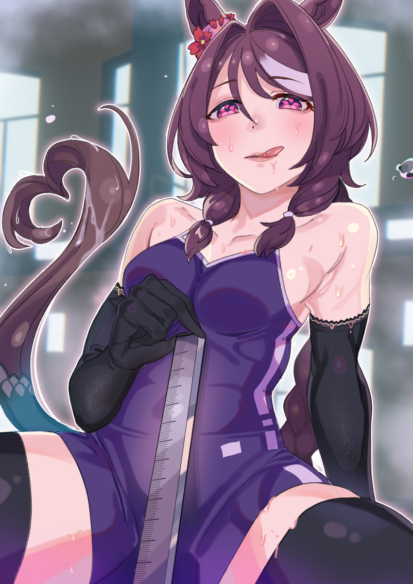 1girl, absurdres, alternate_costume, animal_ears, blurry, blurry_background, blush, breasts, brown_hair, commentary_request, detached_sleeves, doushi_tatsu_to_dekkai_no, elbow_gloves, gloves, hair_ornament, highres, horse_ears, horse_tail, long_hair, measuring, medium_breasts, naughty_face, penis_measuring, pink_eyes, sakura_chitose_o_(umamusume), school_swimsuit, sitting, solo, sweat, swimsuit, tail, tongue, tongue_out, umamusume, window