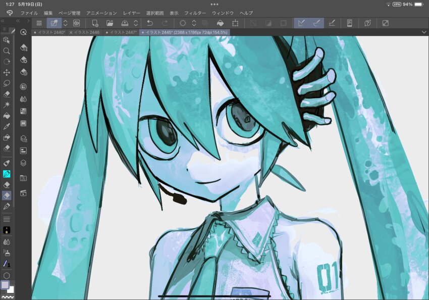1girl, aqua_eyes, aqua_hair, aqua_necktie, arm_tattoo, art_program_in_frame, bare_shoulders, clip_studio_paint_(medium)