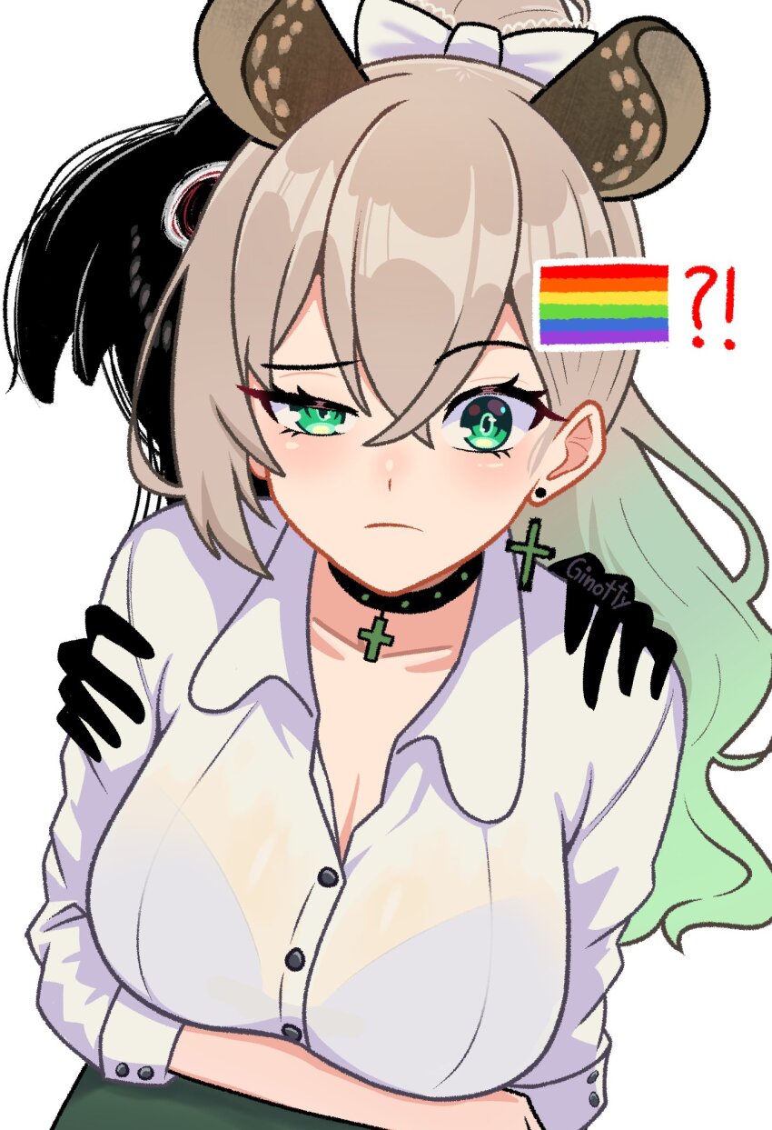 !?, 1girl, animal_ears, bikini, breasts, brown_hair, choker, collarbone