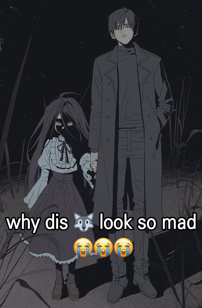 1boy, 1girl, absurdres, black_coat, black_hair, black_pants, black_shirt, coat