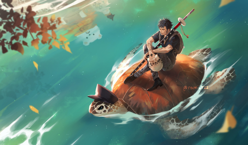 1boy, backpack, bag, bepo_(one_piece), black_footwear, black_hat, closed_mouth, grey_pants