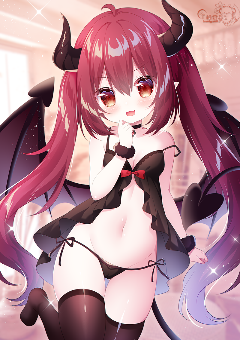 1girl, :3, babydoll, black_babydoll, black_choker, black_horns, black_panties, black_tail, black_thighhighs, black_wings, bow, breasts, choker, commentary_request, demon_girl, demon_horns, demon_tail, demon_wings, hamiyamiko, horns, lingerie, loli, looking_at_viewer, navel, open_mouth, original, panties, pointy_ears, red_bow, red_eyes, red_hair, side-tie_panties, small_breasts, solo, tail, thighhighs, twintails, underwear, underwear_only, wings