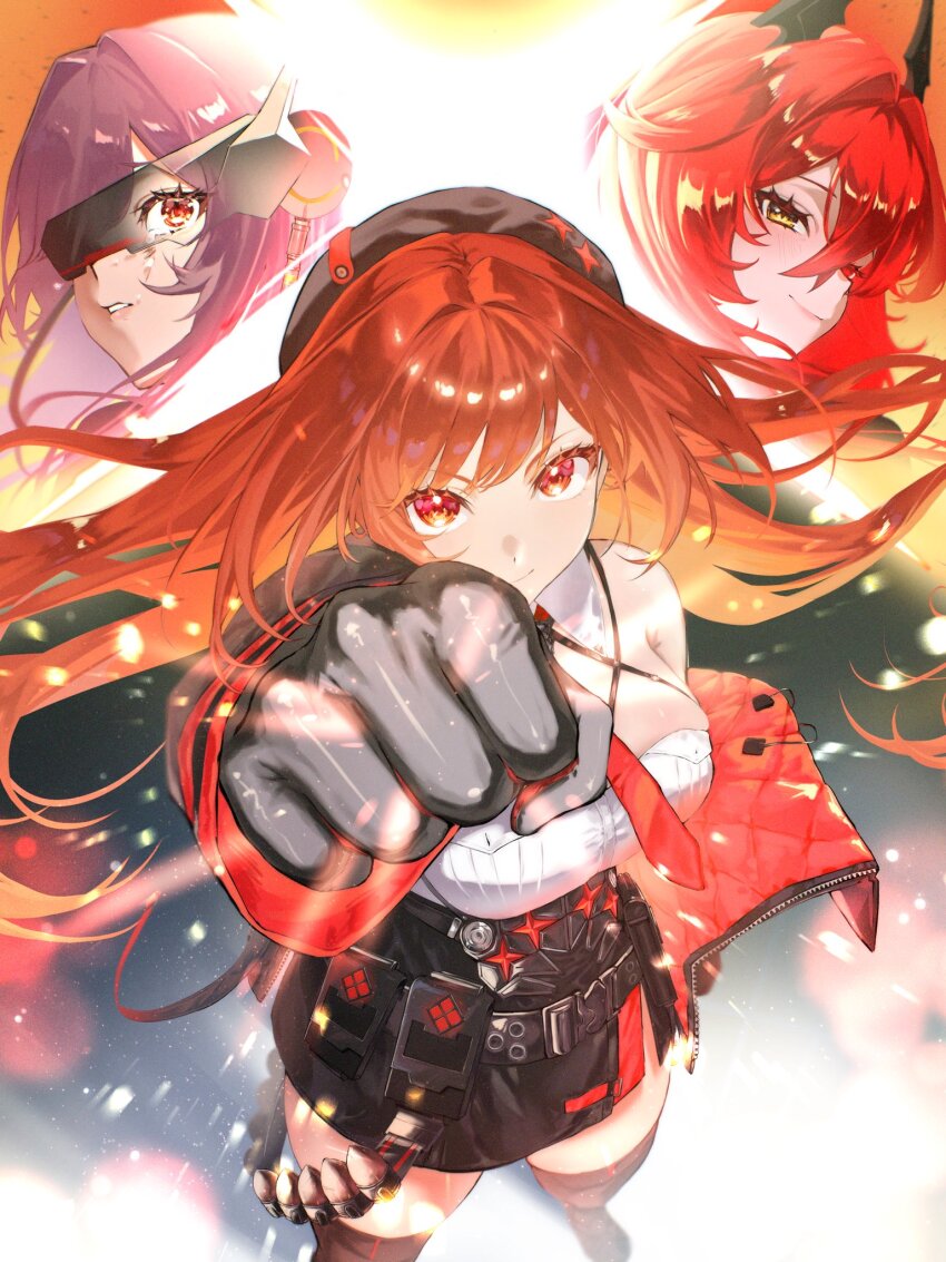 2girls, black_gloves, black_skirt, blush, clenched_hand, gloves, goddess_of_victory:_nikke, hat