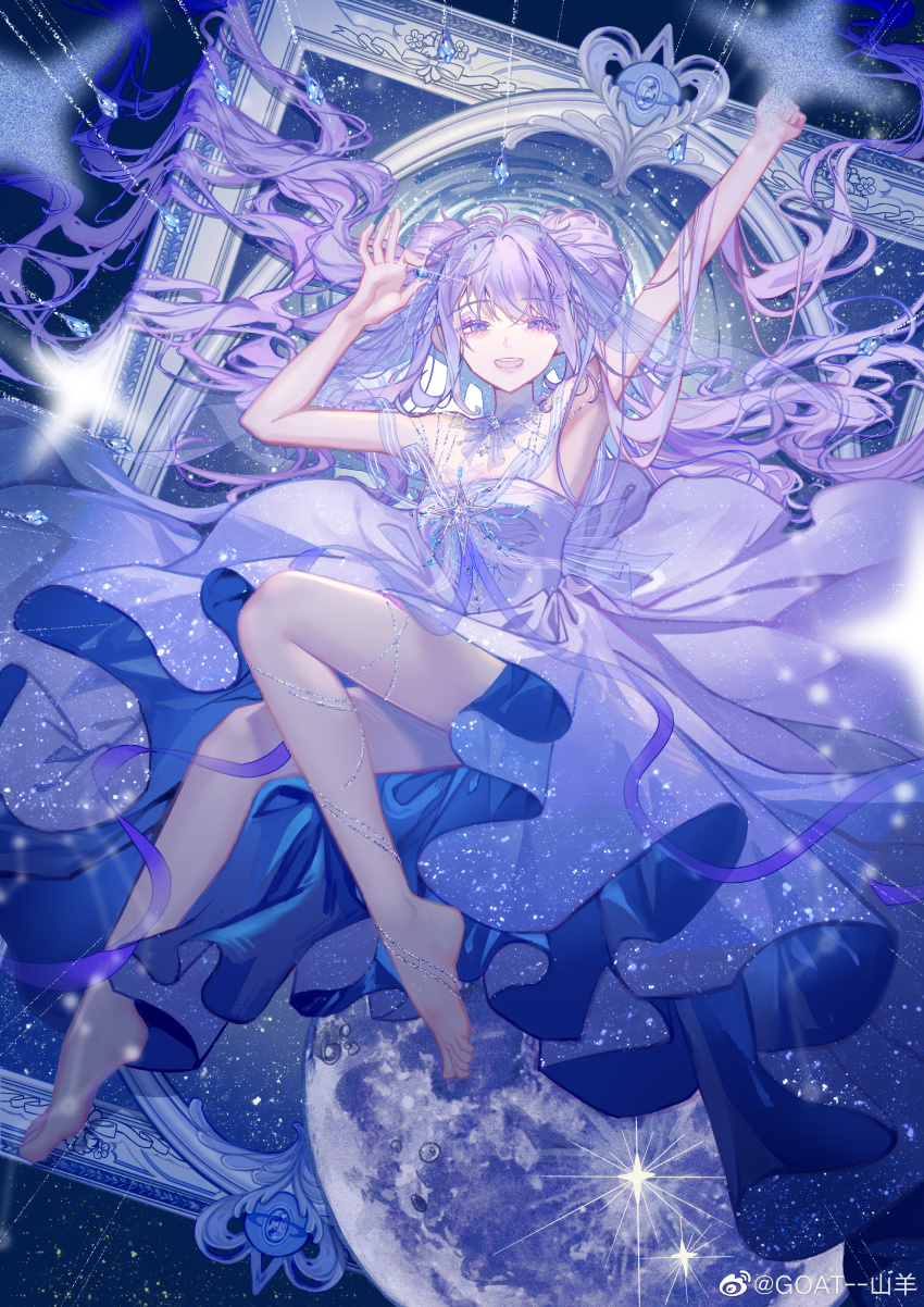 1girl, absurdres, arms_up, bare_legs, bare_shoulders, blue_theme, chestnut_mouth, chinese_commentary