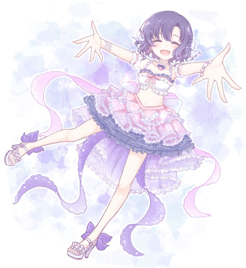 1girl, :d, armpits, black_hair, blush, bracelet, breasts, choker