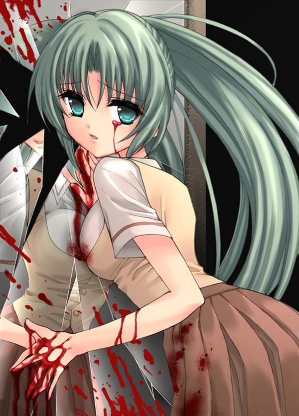 blood, bloody_tears, broken_mirror, green_eyes, green_hair, higurashi_no_naku_koro_ni, houjou_yutori, mirror