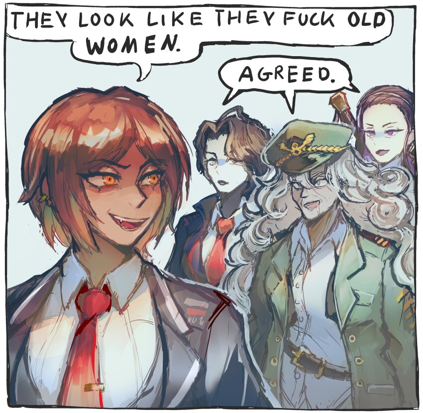 4girls, absurdres, ahab_(project_moon), black_coat, blonde_hair, brown_hair, coat, collared_shirt, english_text, hermann_(project_moon), highres, kekekekekekekk, library_of_ruina, limbus_company, looking_at_another, meme, multiple_girls, necktie, outis_(project_moon), project_moon, she_looks_like_she_fucks_human_men_(meme), shirt, speech_bubble, white_shirt