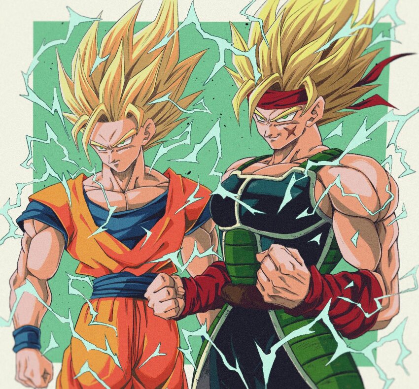 2boys, bardock, blonde_hair, blue_sash, blue_shirt, bure_(fantasticyouth7), clenched_hands, cowboy_shot