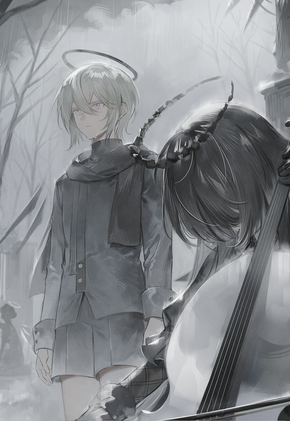 1boy, 1girl, arknights, arms_at_sides, black_hair, black_halo, black_scarf, black_shirt