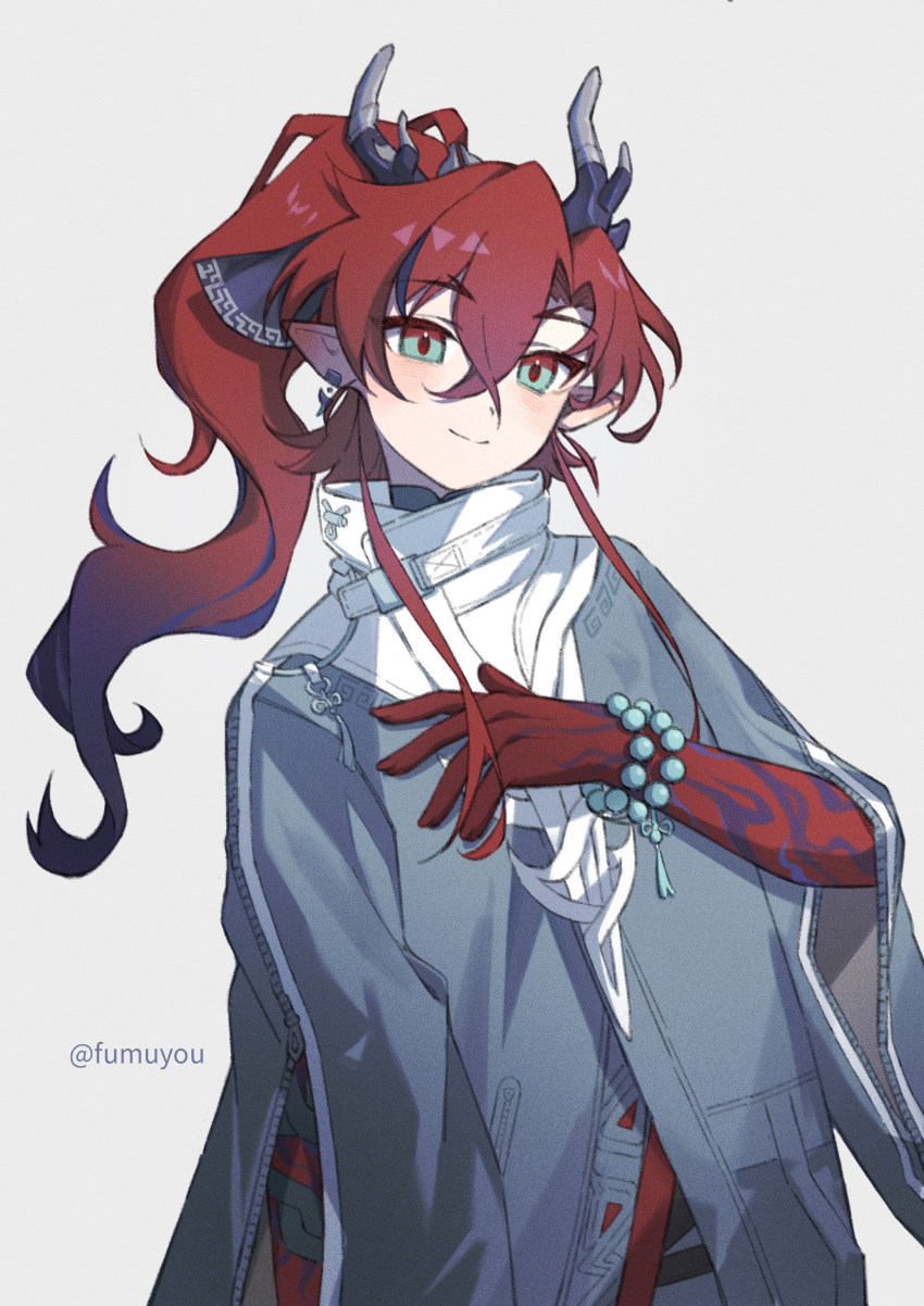 1boy, absurdres, arknights, beads, blush, chinese_commentary, closed_mouth, commentary