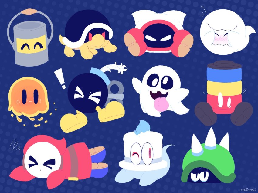 !, >_<, artist_name, blue_background, blue_footwear, blush, bob-omb, bomb