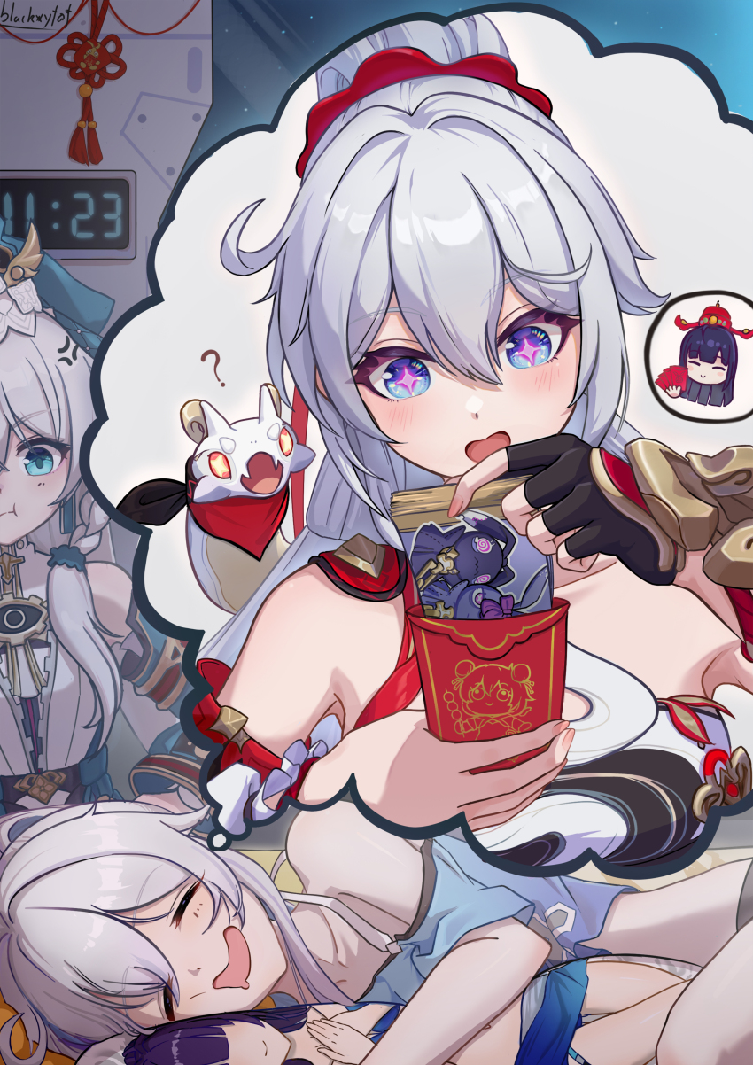 3girls, absurdres, anger_vein, bare_shoulders, black_gloves, blackxyfaf, blue_eyes, blue_shirt