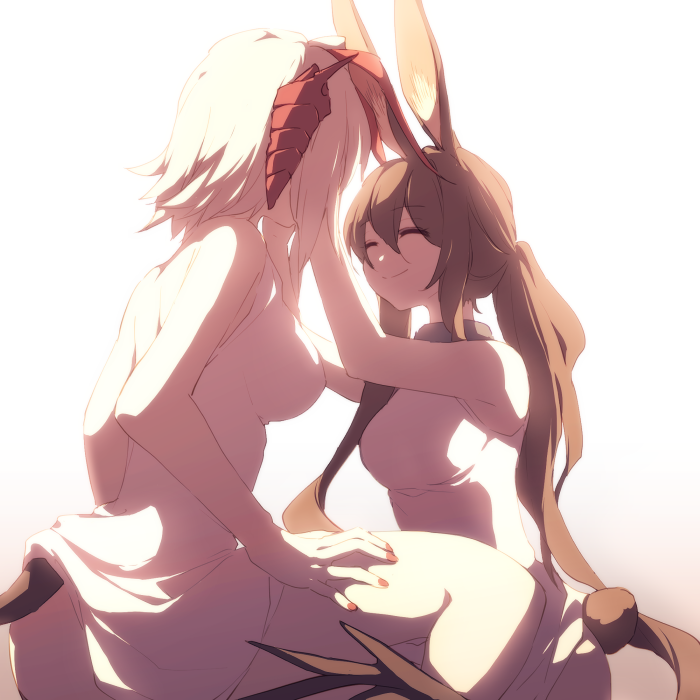 2girls, ^_^, amiya_(arknights), animal_ears, arknights, bare_shoulders, bloom, brown_hair